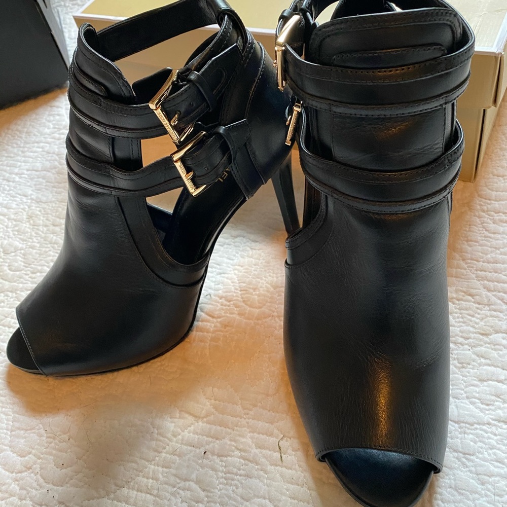 Michael Kors Open-Toe Black Booties w/ gold buckle